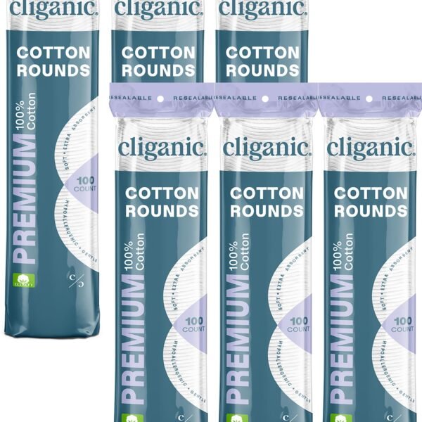 Cliganic Premium Cotton Rounds | Makeup Remover Pads, Hypoallergenic, Lint-Free | 100% Pure Cotton (6 Pack)